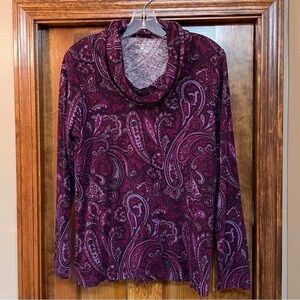 Jones New York Sport Pullover Top Cowl Neck LS Purple‎ Paisley Sz L EUC